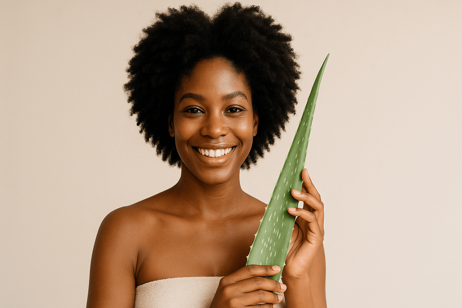 Photo professionnelle lifestyle d'une femme africaine souriante aux magnifiques cheveux crépus volumineux et hydratés, tenant délicatement une feuille d'aloe vera fraîche dans ses mains.
