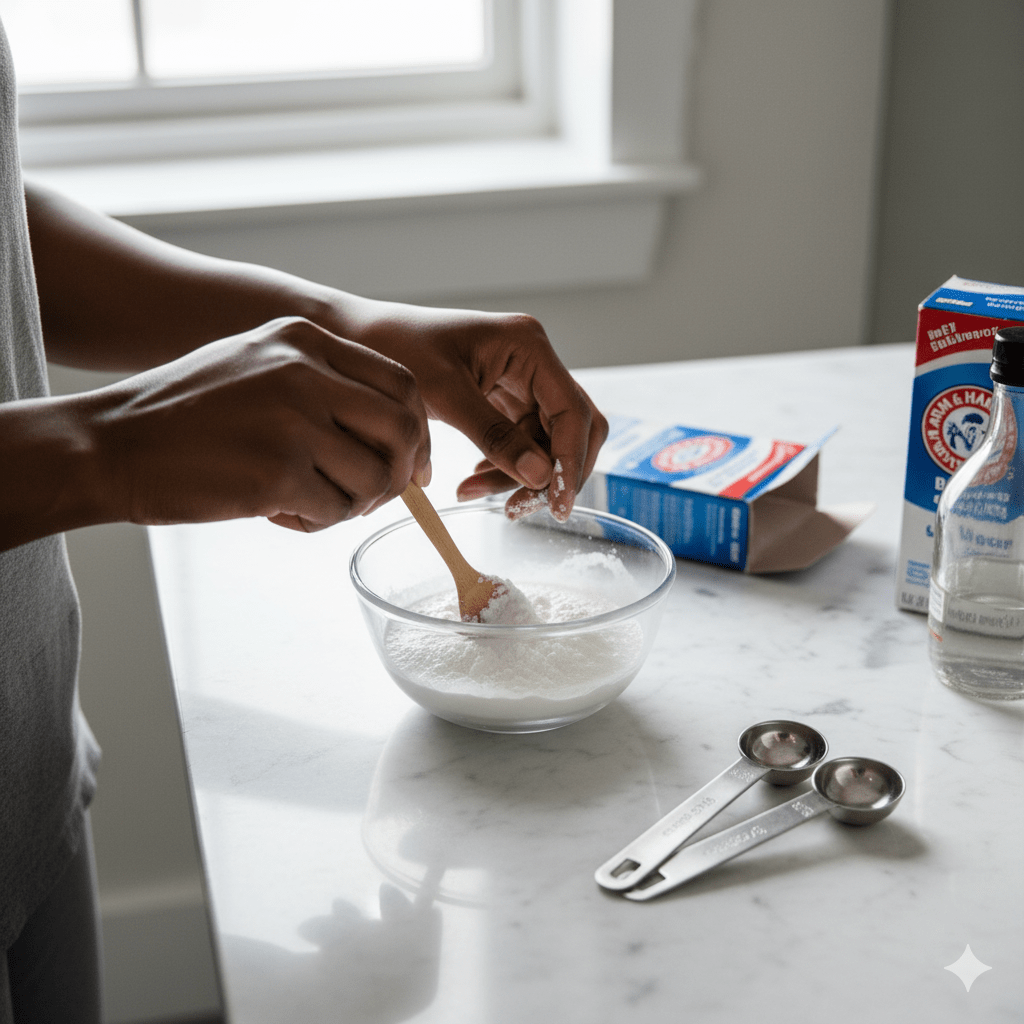 Photo lifestyle de mains féminines noires mélangeant bicarbonate et eau dans un petit bol en verre formant une pâte blanche, cuillères doseuses précises visibles, boîte de bicarbonate et bouteille de vinaigre à côté