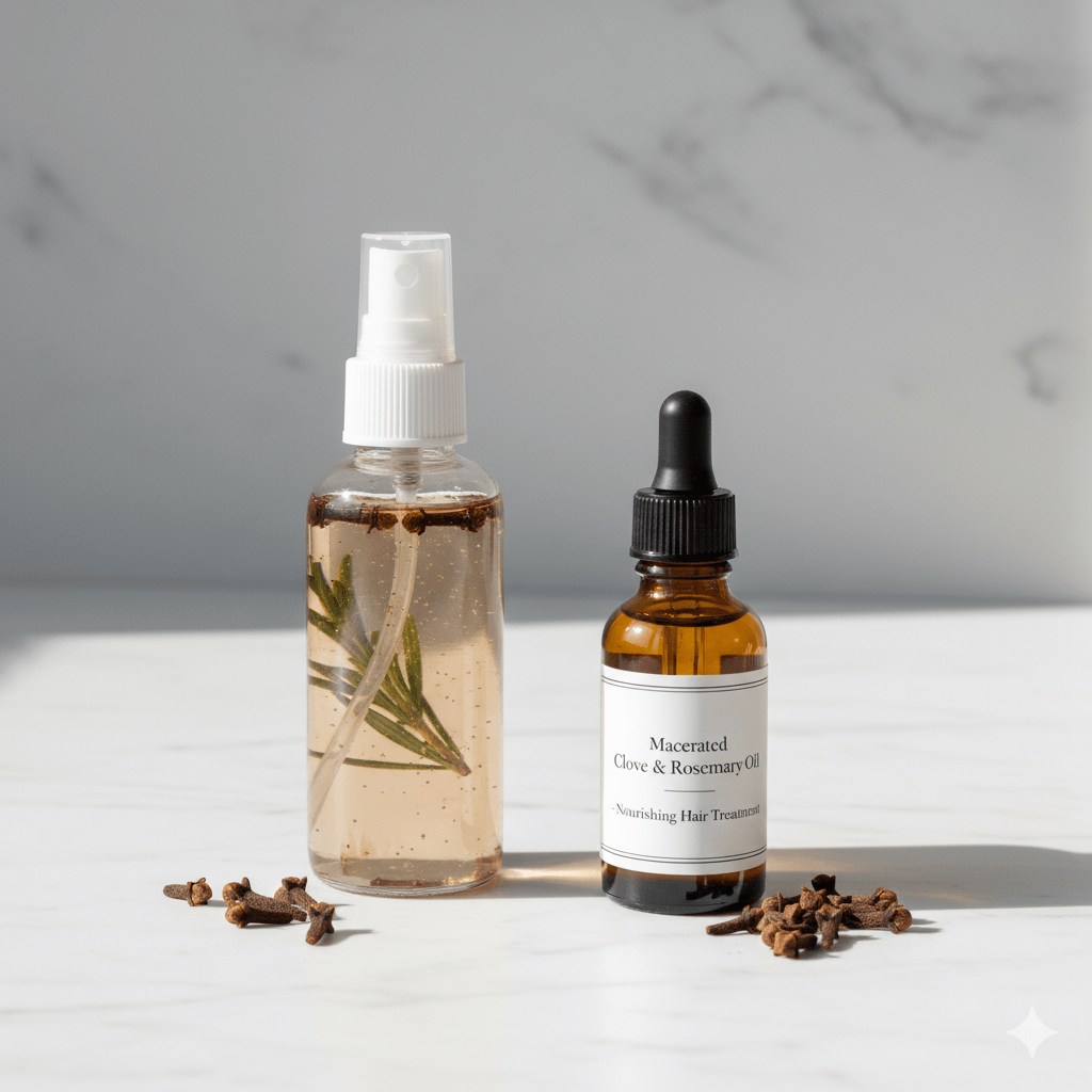 Composition produits finis : deux flacons côte à côte sur marbre blanc, flacon spray en verre transparent contenant liquide brun clair (eau de girofle) 