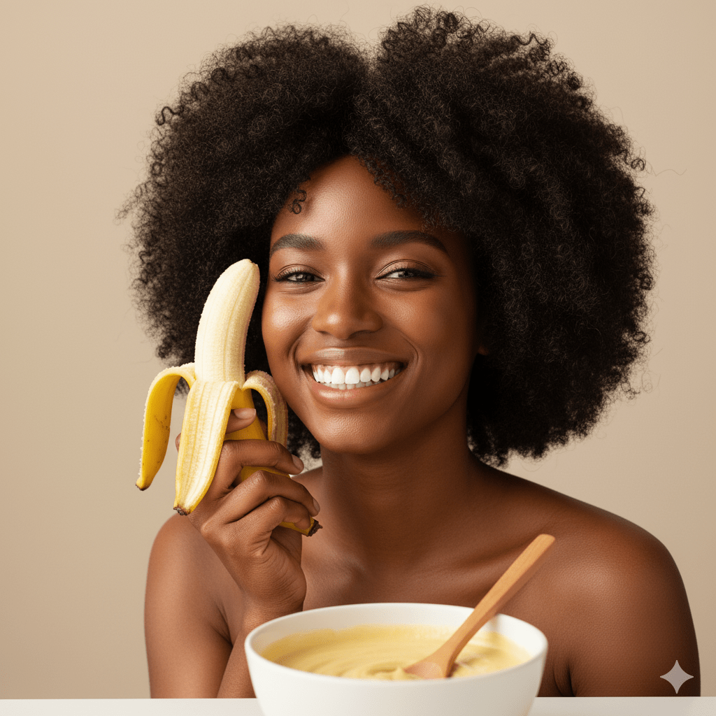 une femme noire joyeuse aux cheveux crépus volumineux et brillants, tenant une banane mûre à côté de son visage avec un sourire éclatant, bol de masque jaune crémeux au premier plan
