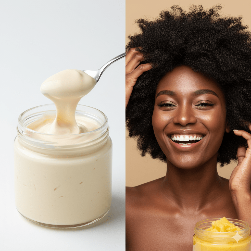 Composition éditoriale divisée verticalement : côté gauche pot de mayonnaise de cuisine avec cuillère, fond blanc froid, côté droit femme noire aux cheveux crépus naturels magnifiques et brillants touchant ses cheveux avec bonheur