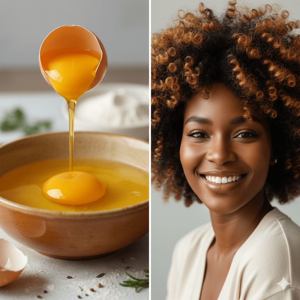 Photo éditoriale split-screen verticale : côté gauche œuf cassé avec jaune coulant dans un bol, côté droit femme noire aux magnifiques cheveux crépus brillants et hydratés souriant avec confiance